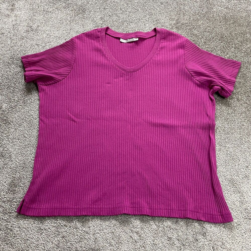 Kelly Renee Shirt Womens 2X Pink Ribbed V Neck Casual Short Sleeve Soft Ladies